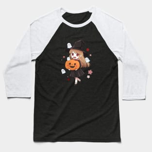 Cute Halloween Anime Witch, Ghost & Pumpkin Baseball T-Shirt